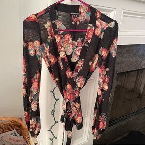 Vintage novelty graphic Matryoshka doll print wrap cardigan bell sleeves flawed